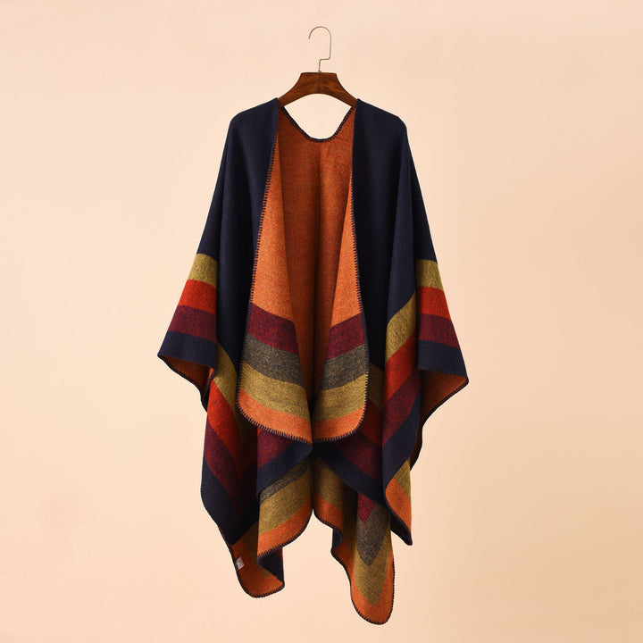 Ladies Open Knit Cape Poncho with Contrasting Color Block Stripes and Decorative Stitch Mune Fashion