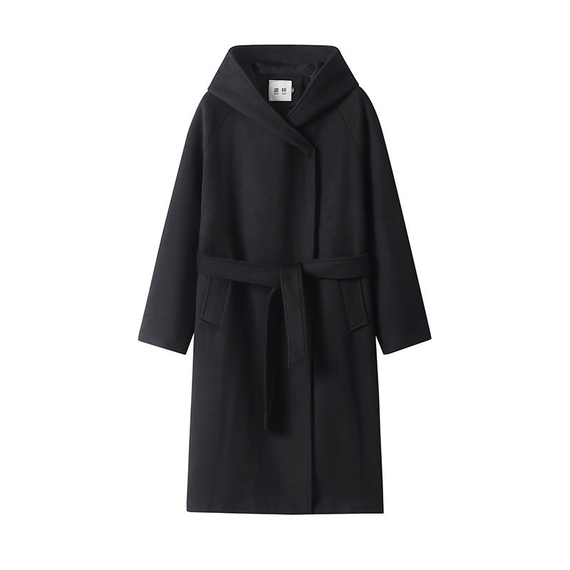 Women's Maxi Coat with Oversized Hood, Tie Belt and Minimalist Wool Blend Silhouette Mune Fashion