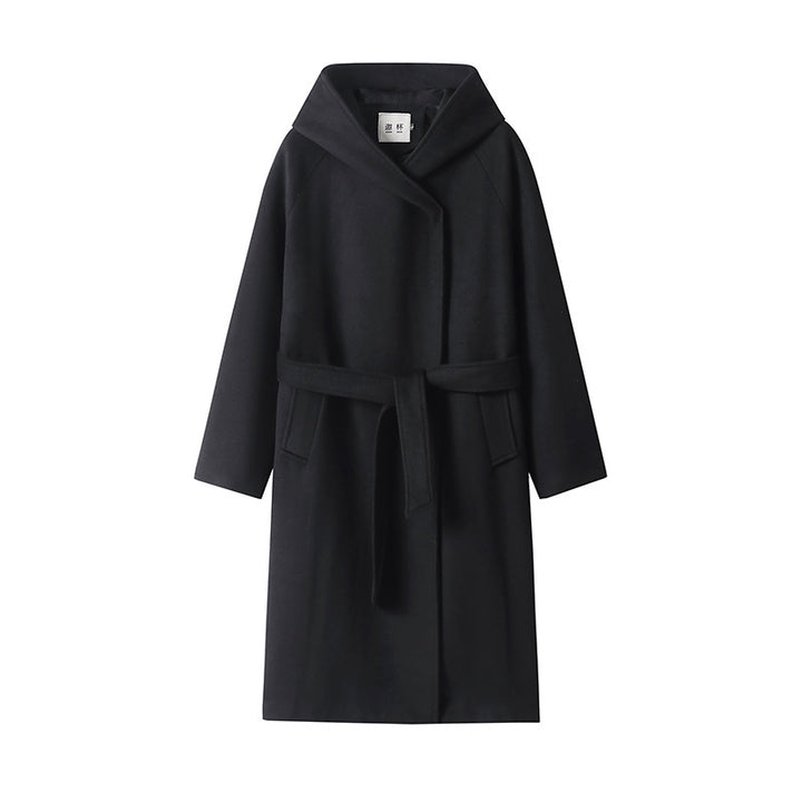 Women's Maxi Coat with Oversized Hood, Tie Belt and Minimalist Wool Blend Silhouette Mune Fashion