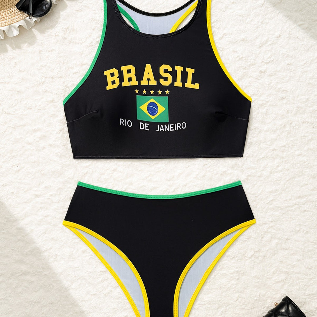 Women's two-piece sporty bikini set with high bustier, crisscross straps, and high-cut bottom Mune Fashion