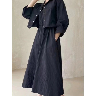 Women Boxy-Cropped Shirt Jacket and High-Waist A-Line Midi Skirt Set made of Crinkle Cotton Blend Mune Fashion