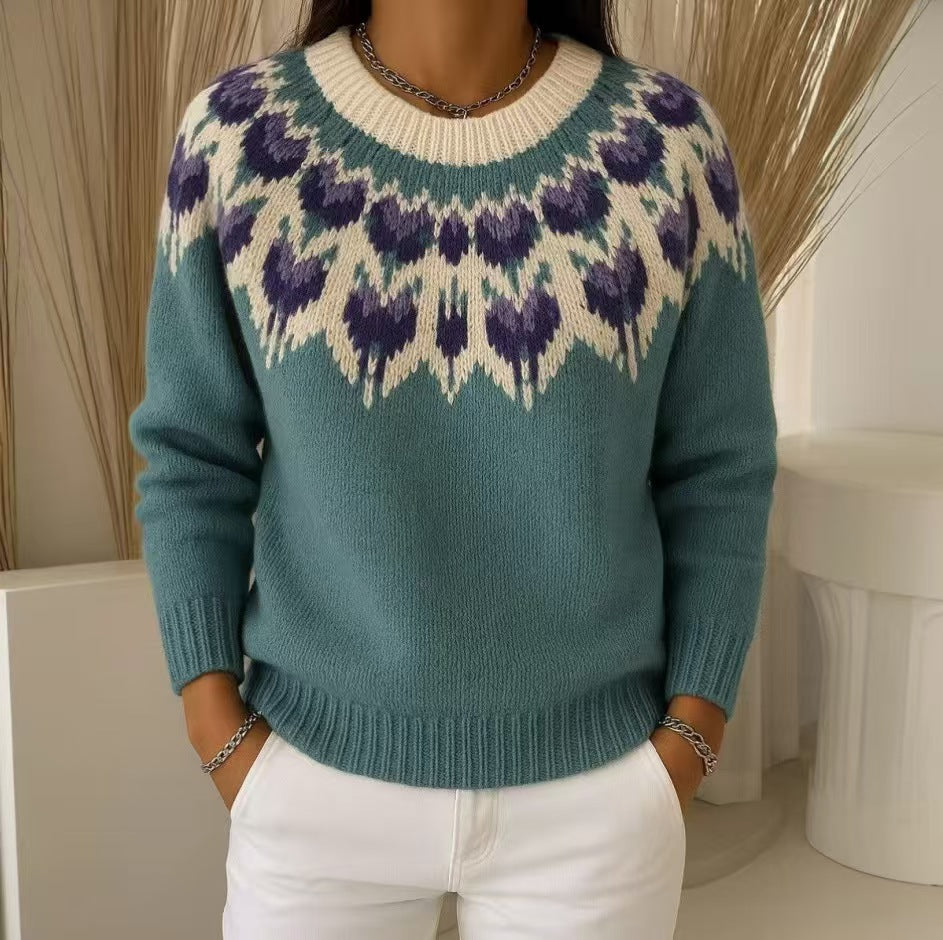 Women's patterned Norwegian knit sweater with wide round neckline and casual oversized fit Mune Fashion