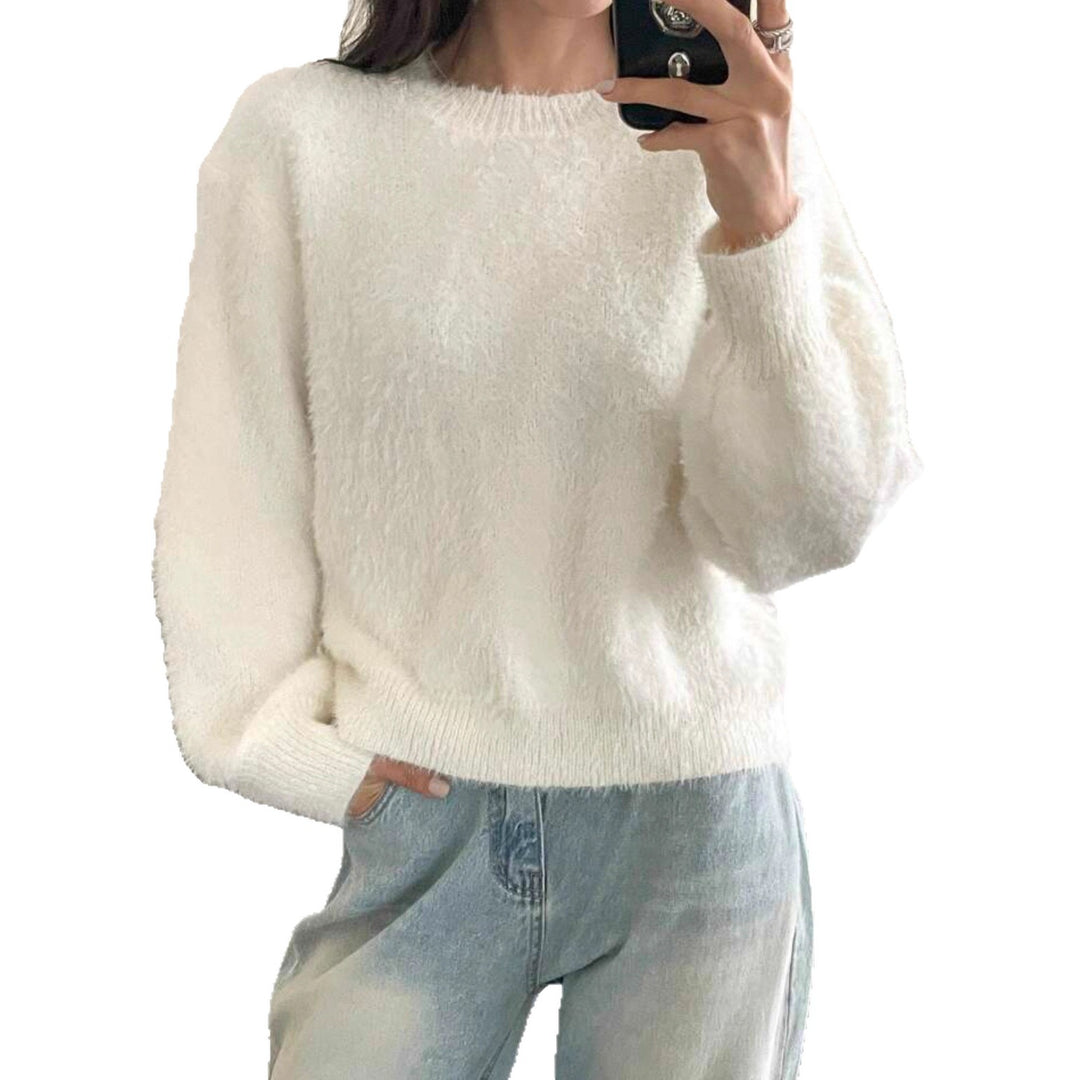 Women's Short Cut Fluffy Sweater with Balloon Sleeves and Round Neckline Mune Fashion