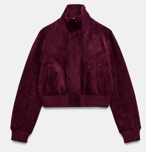 Women's Short Suede Bomber Jacket with High Ribbed Collar, Elastic Hem and Patch Pockets Mune Fashion