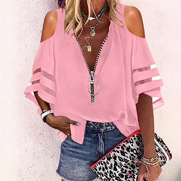 Women V-neck blouse with decorative ring zipper and cut-out sleeves Mune Fashion