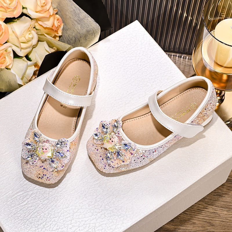 Girls Mary Jane Glitter Ballet Flats with Flower Decoration Mune Fashion