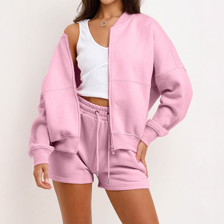 Women's two-piece sweat set with oversized zip-up jacket and elastic high-waist shorts Mune Fashion