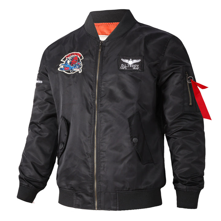 Men's  retro pilot-inspired flight jacket with embroidered crest, sleeve zipper utility pocket and contrast quilted lining Mune Fashion