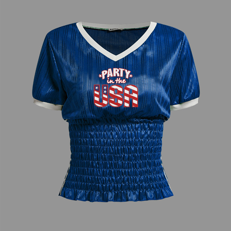 Women’s V-Neck Short Blouse with Smocked Waist and Eye-Catching Statement Print Mune Fashion