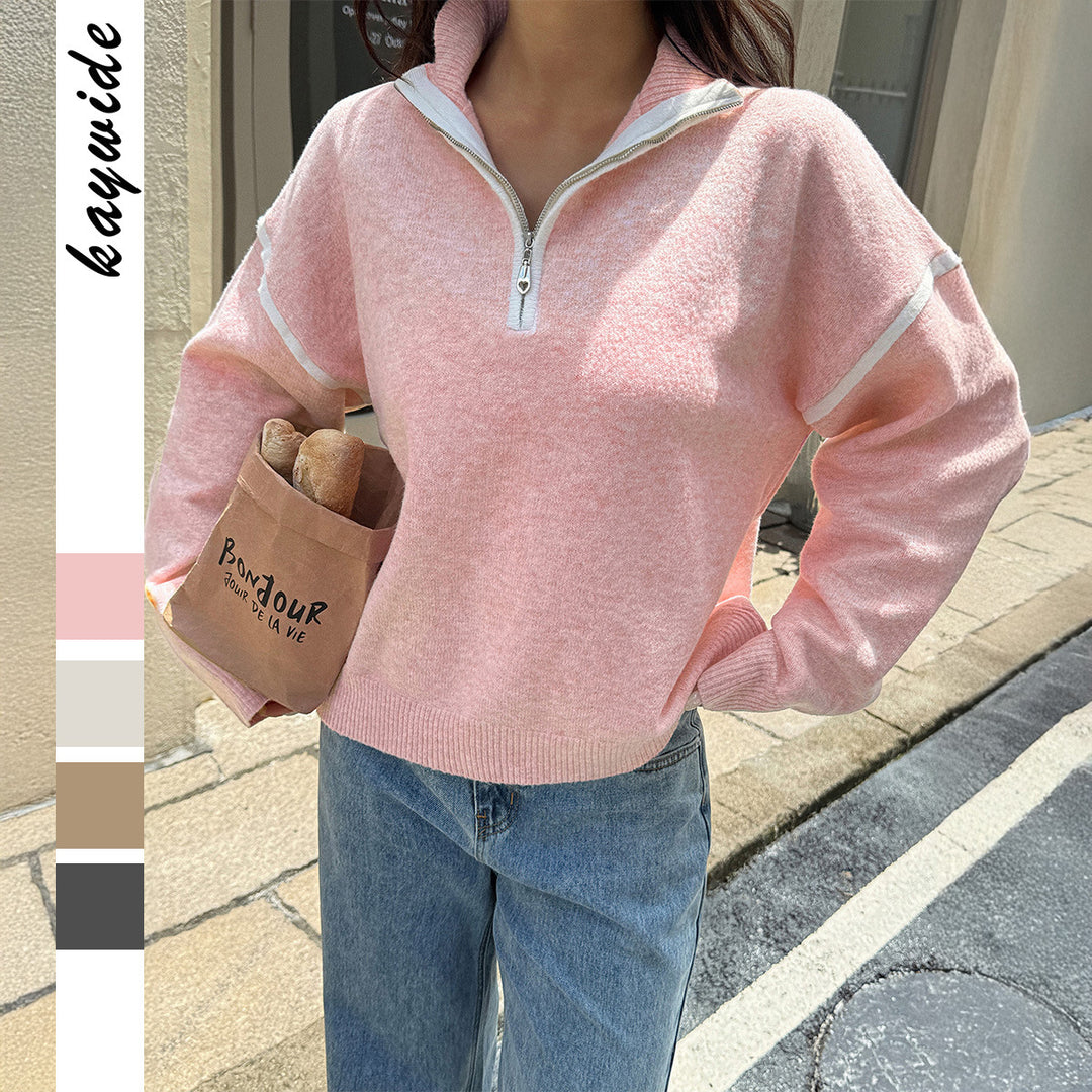 Women's oversized knitted pullover with half zip, contrast piping and drop shoulder Mune Fashion