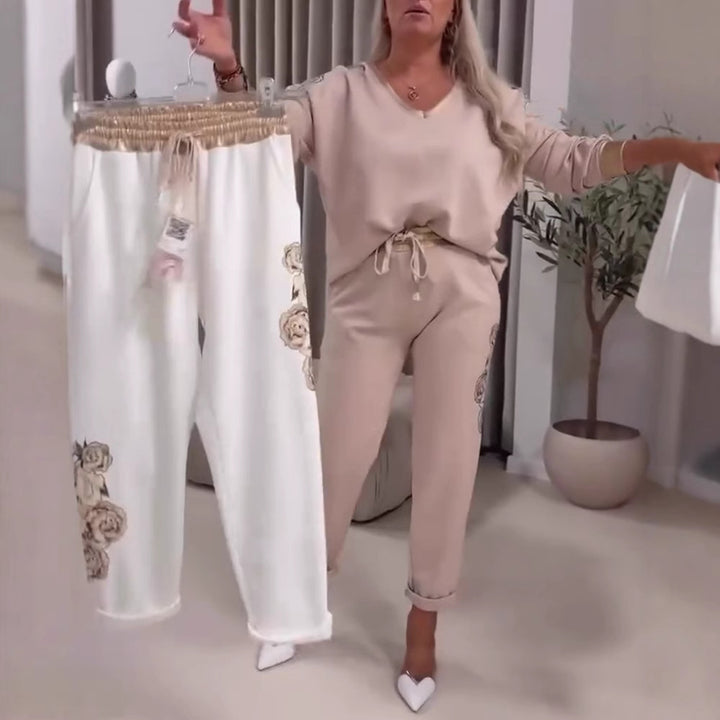 Women’s casual jogging pants with side rose embroidery, elastic comfort waistband, and drawstring Mune Fashion