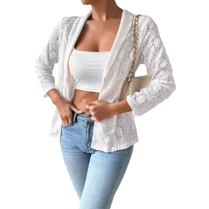 Women's transparent lace blazer with shawl collar and three-quarter length sleeves Mune Fashion