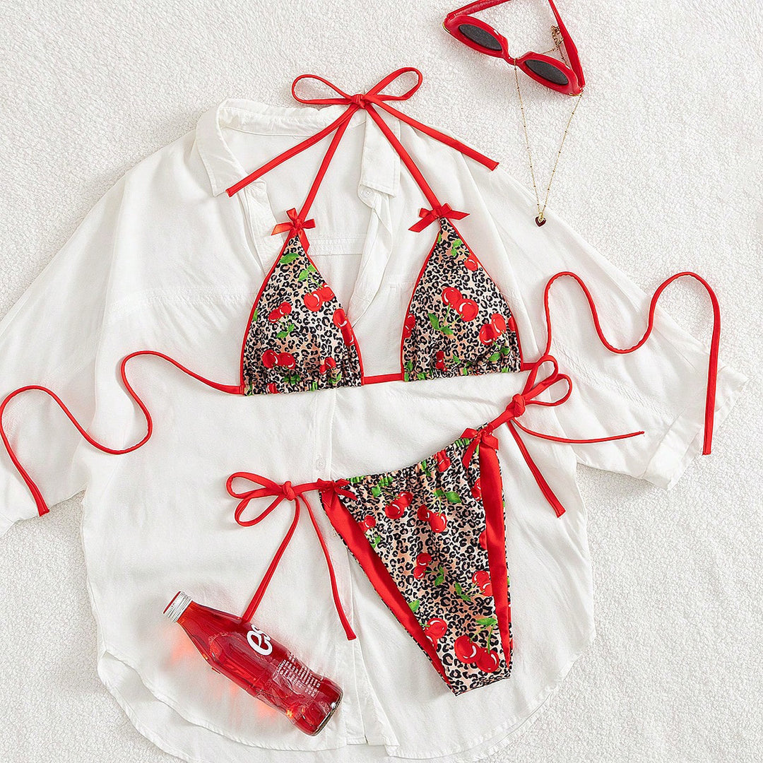 Women Triangle Bikini with Floral Cherry Pattern and Playful Details Mune Fashion