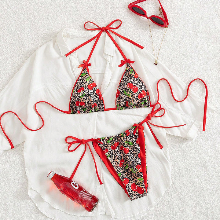 Women Triangle Bikini with Floral Cherry Pattern and Playful Details Mune Fashion