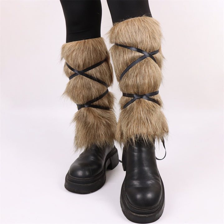 Ladies high-pile leg warmers with faux fur look and wrap straps Mune Fashion