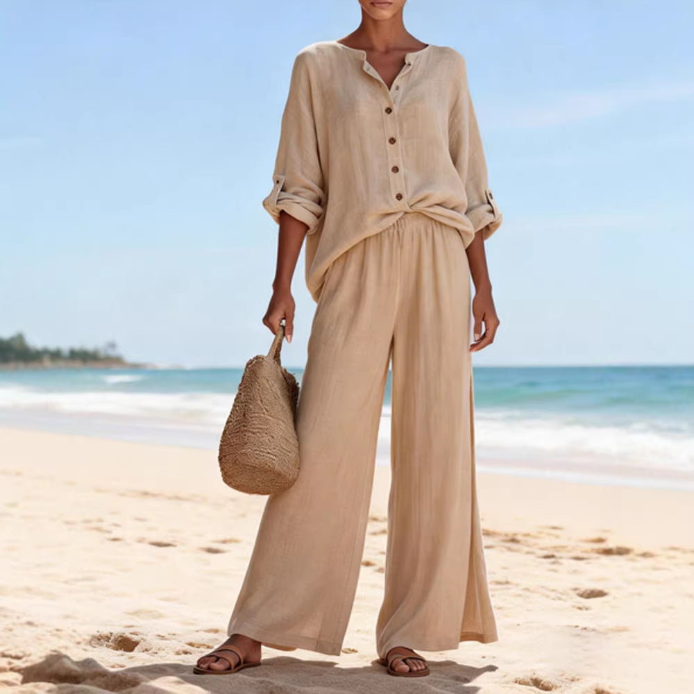 Women's Airy Linen Blouse and Wide Pants Mune Fashion