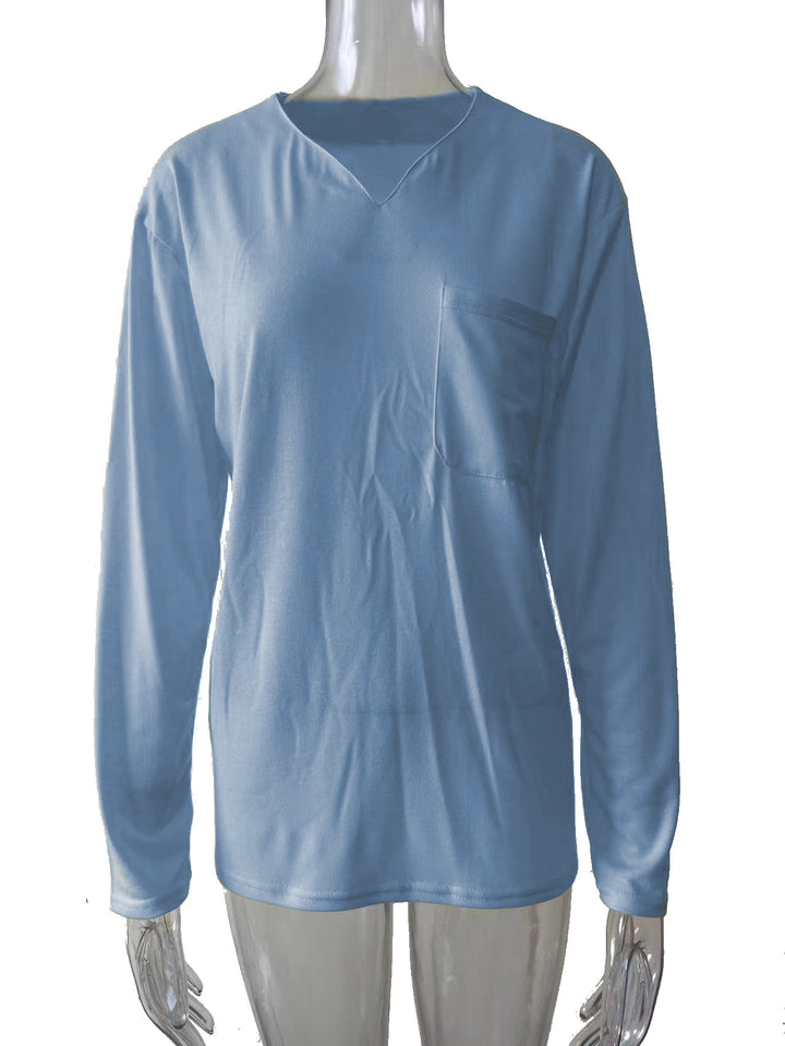 Women nan legeres Long-sleeve shirt with V-notch neckline, chest pocket, and relaxed oversized fit Mune Fashion