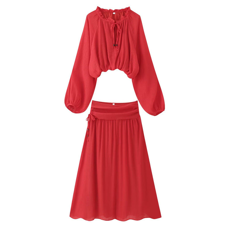 Women's Two-Piece Boho Set with Cropped Ruffle Blouse, Balloon Sleeves and High-Waisted Maxi Skirt Mune Fashion