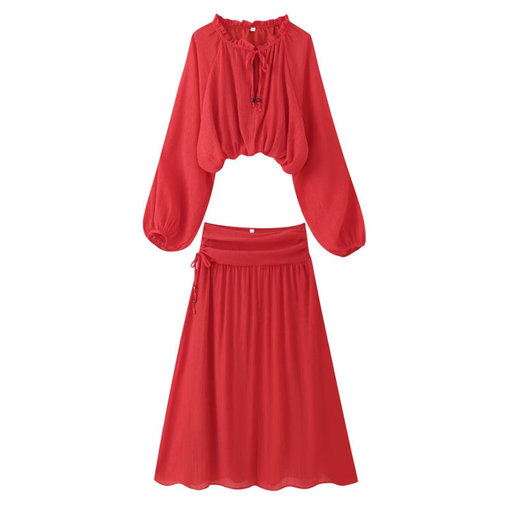 Women's Two-Piece Boho Set with Cropped Ruffle Blouse, Balloon Sleeves and High-Waisted Maxi Skirt Mune Fashion
