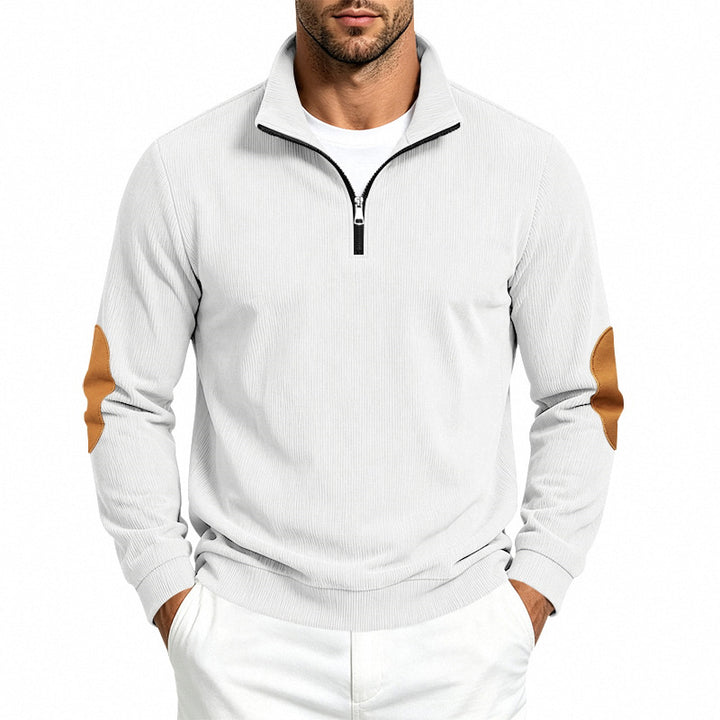 Men's Light Structured Half-Zip Pullover with Cord Elbow Patches and Stand-up Collar Mune Fashion