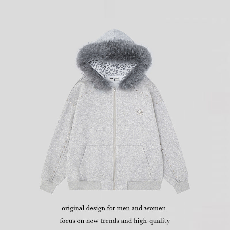Women's hooded sweat jacket with faux fur trim, leopard lining and decorative studs Mune Fashion