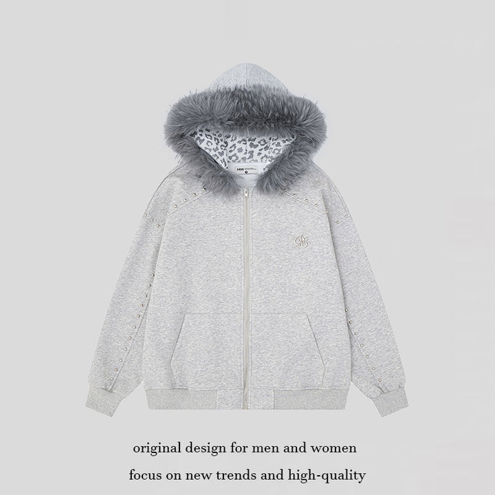 Women's hooded sweat jacket with faux fur trim, leopard lining and decorative studs Mune Fashion