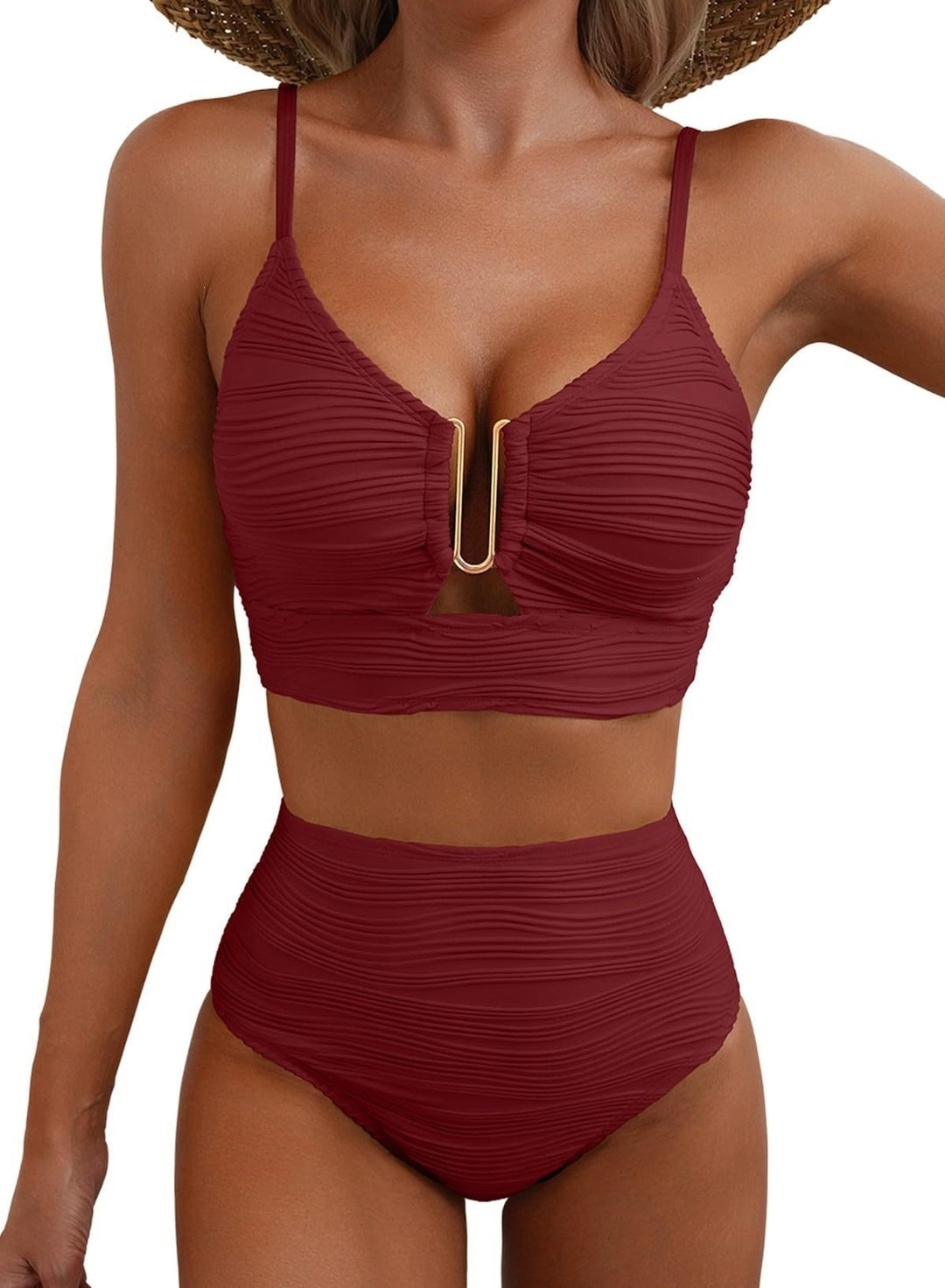 Women's High-Waisted Bikini Set with Fashionable Cut-Out Mune Fashion