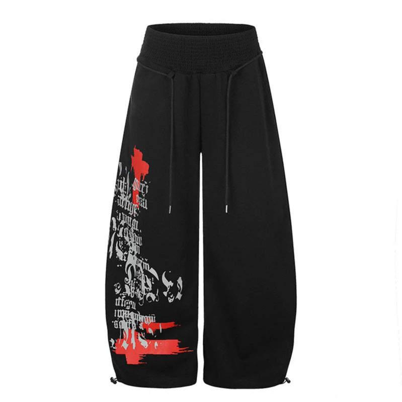 Women Extra Wide Balloon Palazzo Sweatpants with Ribbed Comfort Waistband, Drawstring and Typographic Gothic Print Mune Fashion