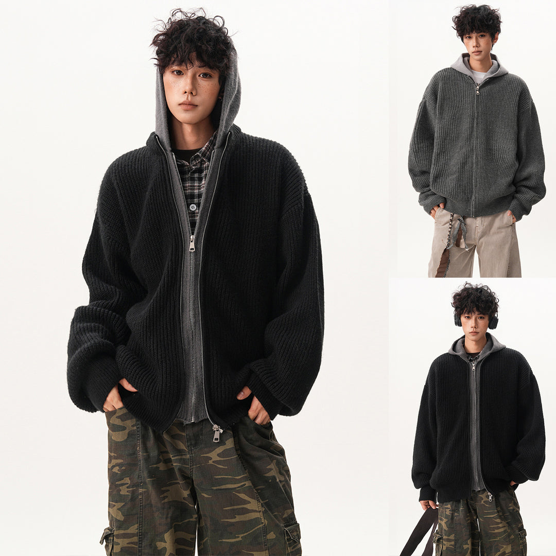 Men's Oversized Knit Jacket with Hood and Zipper Mune Fashion