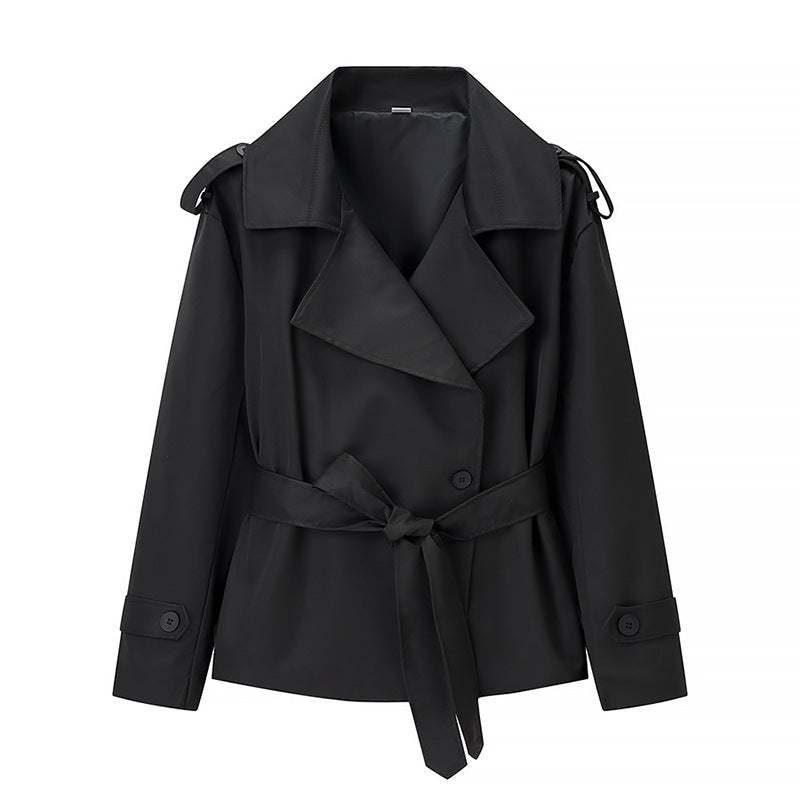 Women's Short Trench Coat with Belt and Double Breasted Mune Fashion