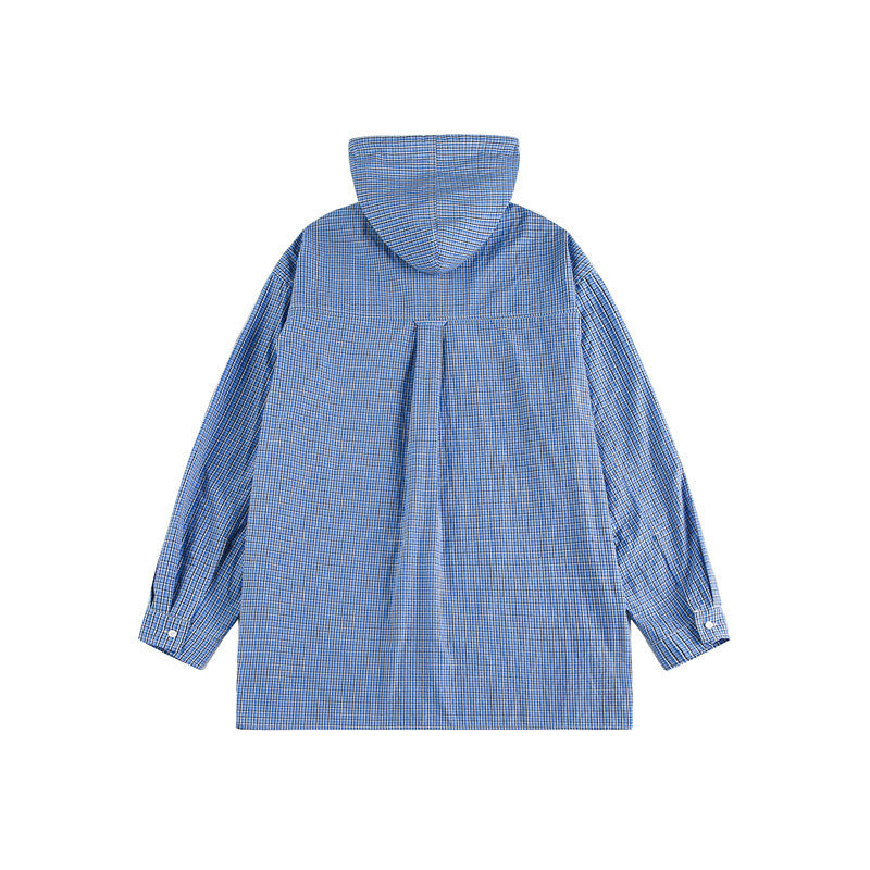 Unisex hooded overshirt in checked longline cut with flap pockets and snap button placket Mune Fashion