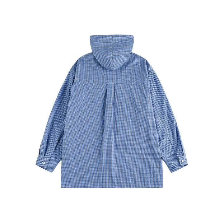 Unisex hooded overshirt in checked longline cut with flap pockets and snap button placket Mune Fashion