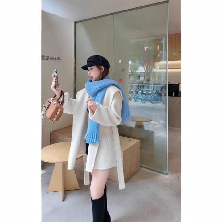 Women's Oversized Wool Coat with Hood and Waist Belt Mune Fashion