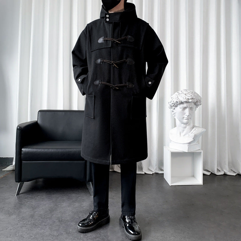 Men's Long Wool Blend Duffle Coat with Hood, Toggle Closures and Patch Pockets Mune Fashion