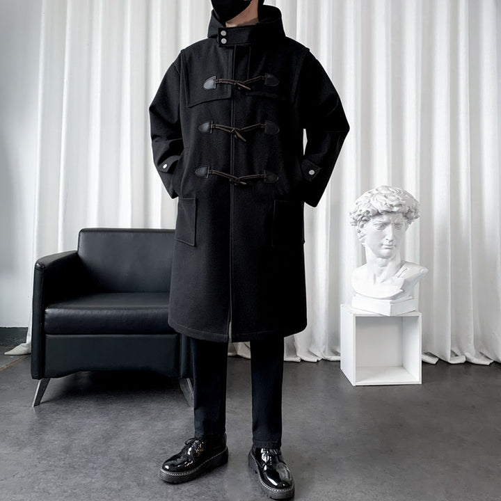 Men's Long Wool Blend Duffle Coat with Hood, Toggle Closures and Patch Pockets Mune Fashion