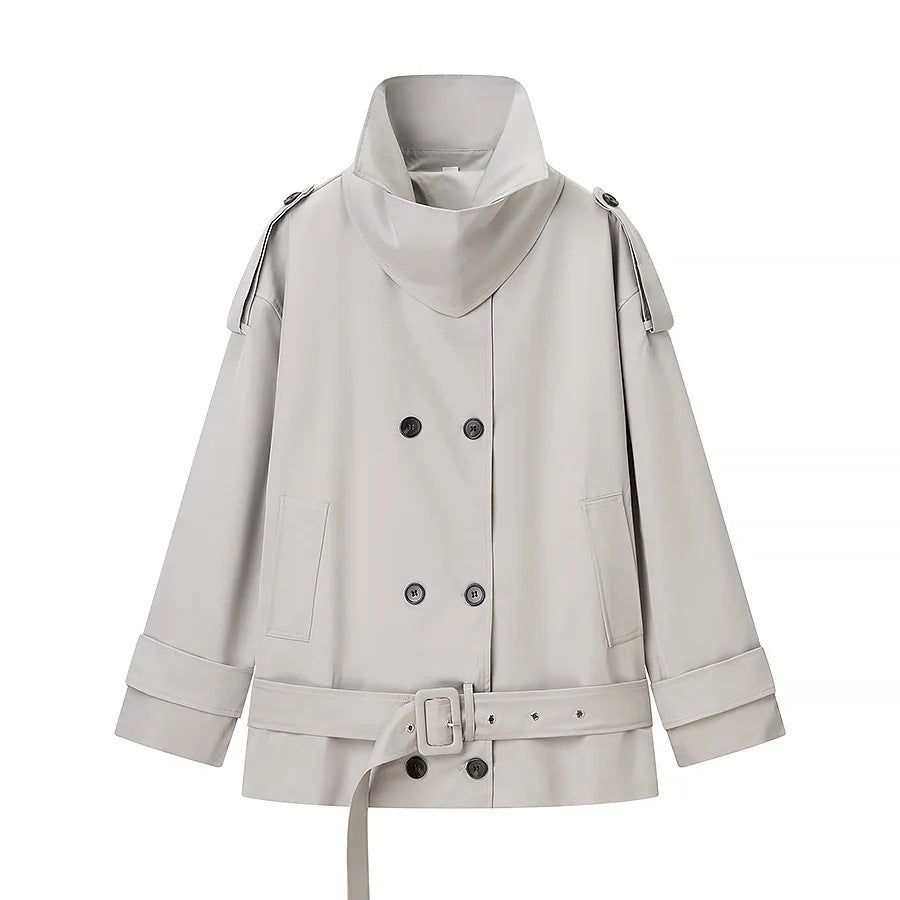 Women's short cut double-breasted trench coat with waist belt and high stand-up collar Mune Fashion
