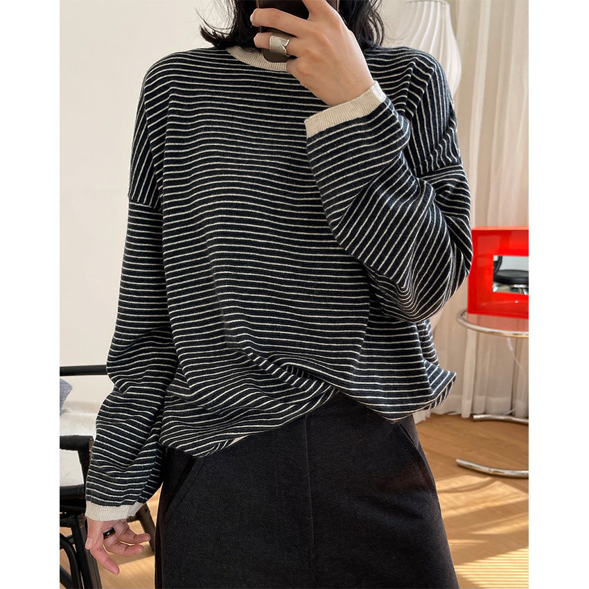 Women's Striped Fine Knit Sweater with Dropped Shoulder and Ribbed Collar Mune Fashion