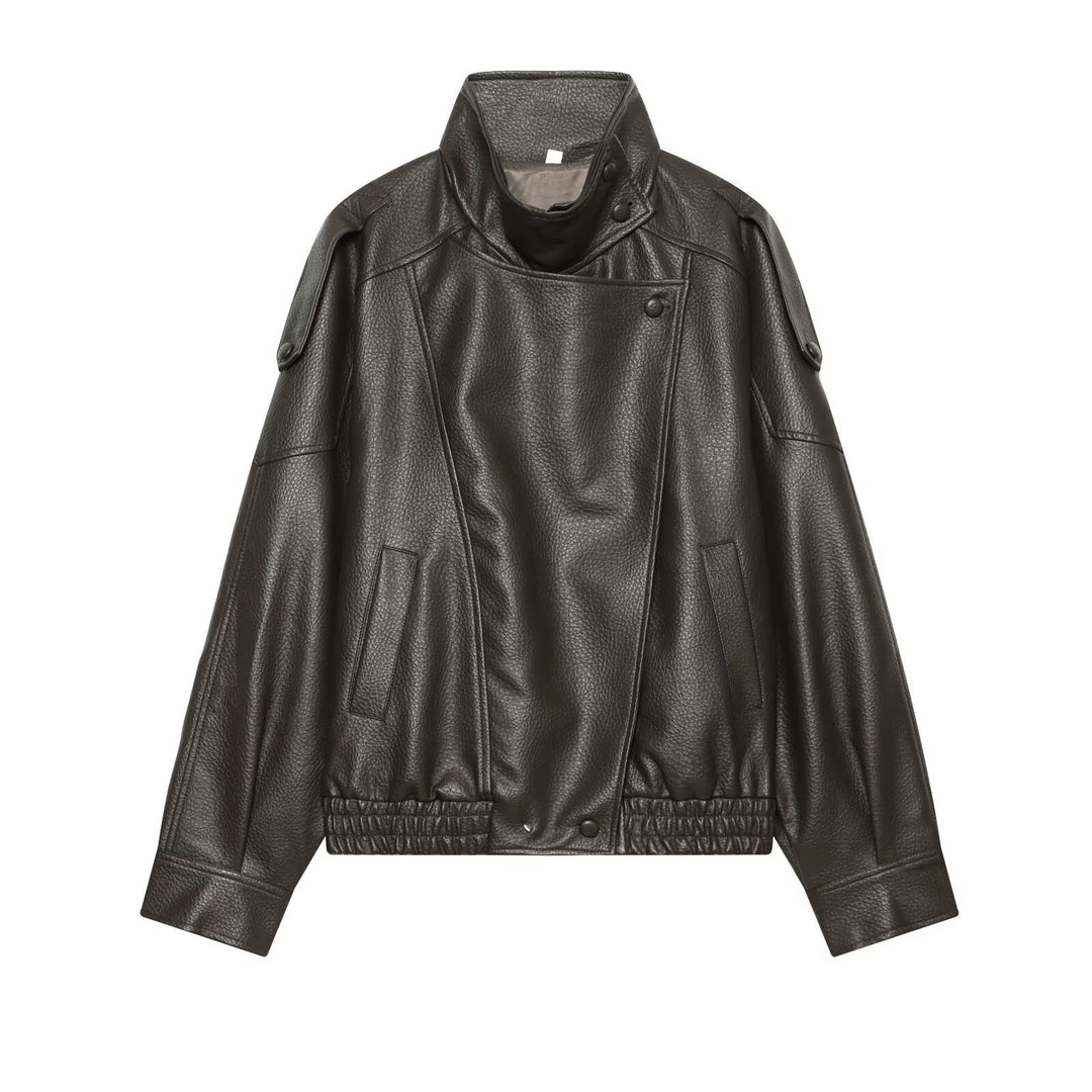 Women's Short Cut Faux Leather Bomber Jacket with Stand-Up Collar and Shoulder Straps Mune Fashion
