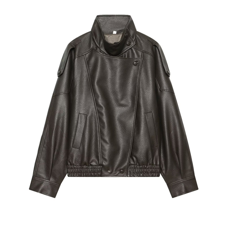 Women's Short Cut Faux Leather Bomber Jacket with Stand-Up Collar and Shoulder Straps Mune Fashion