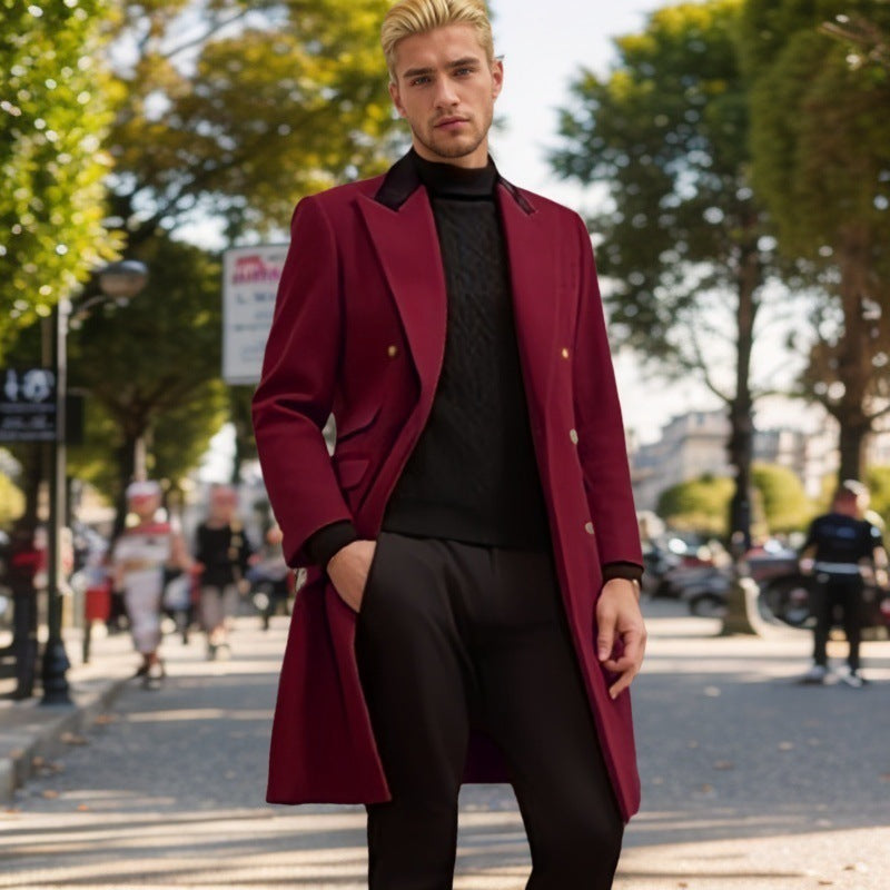 Men's Modern Urban Coat with Double Button Placket and Velvet Collar Mune