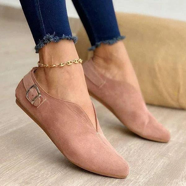 Women Flat Slip-on Ballerina with Pointed Toe Cap, V-Neck and Decorative Buckle Mune Fashion
