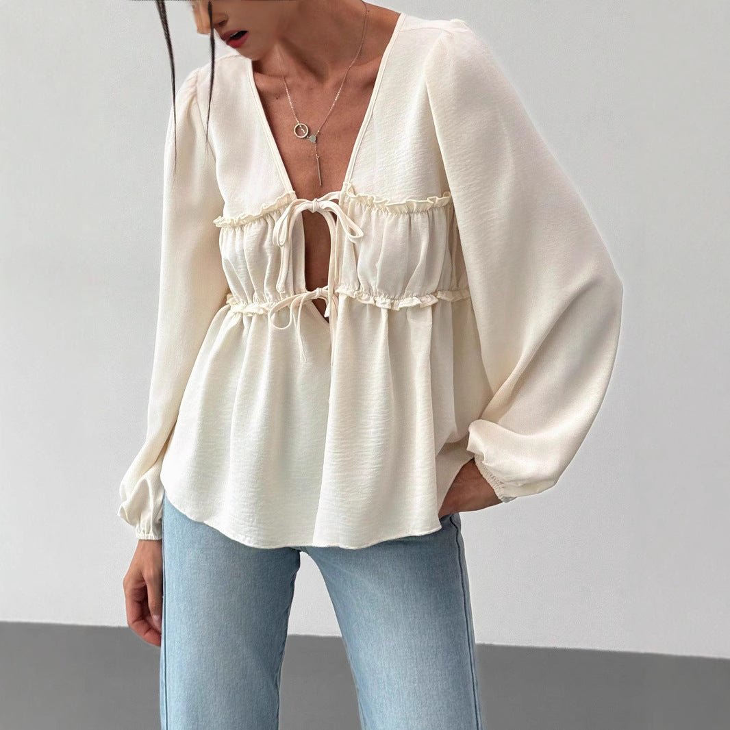 Women's babydoll blouse top with double tying system and balloon sleeves Mune Fashion