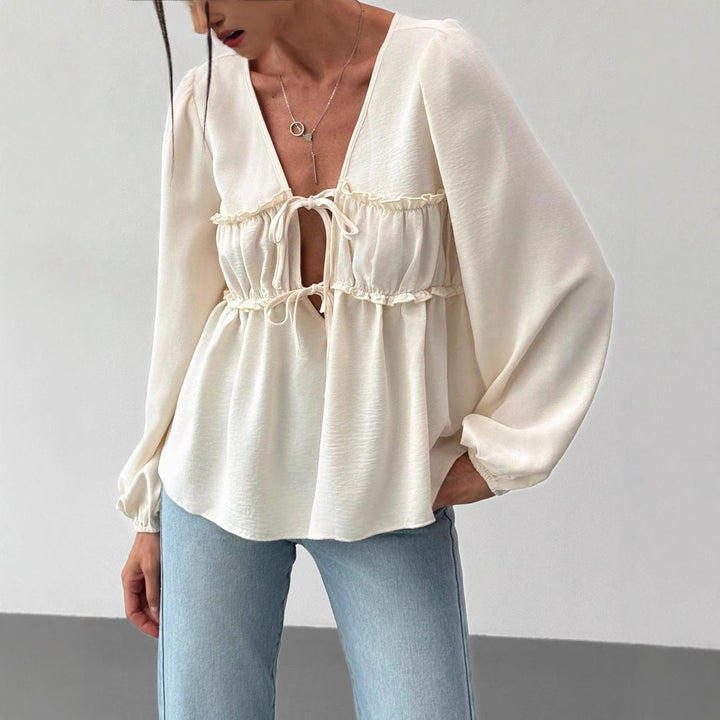Women's babydoll blouse top with double tying system and balloon sleeves Mune Fashion