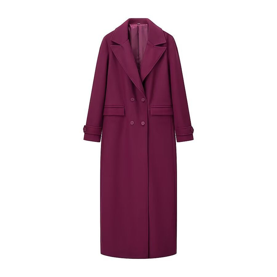 Women's Maxilength Double-Breasted Coat with Oversized Lapels and Sleeve Straps Mune Fashion