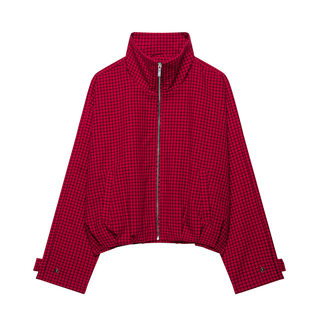 Women Checked Cropped Jacket with Stand-up Collar and Zipper Mune Fashion