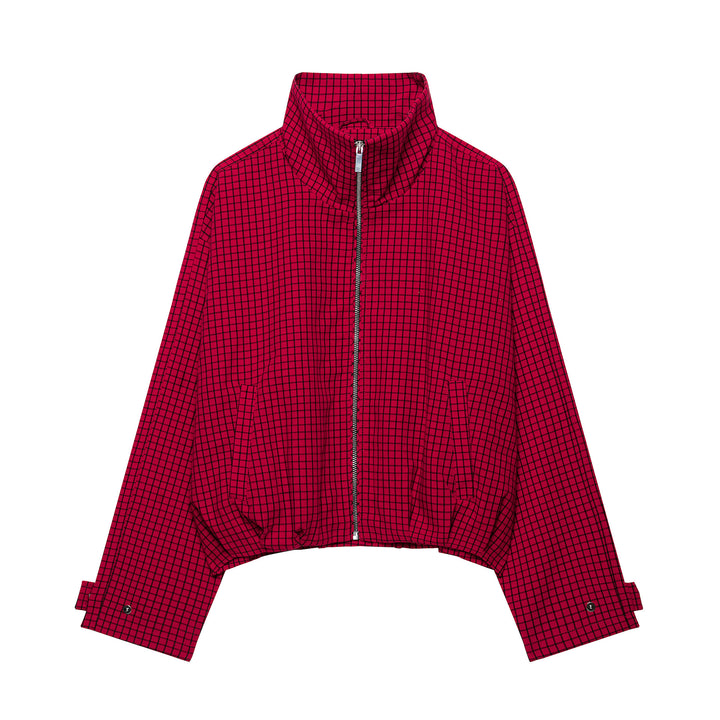 Women Checked Cropped Jacket with Stand-up Collar and Zipper Mune Fashion