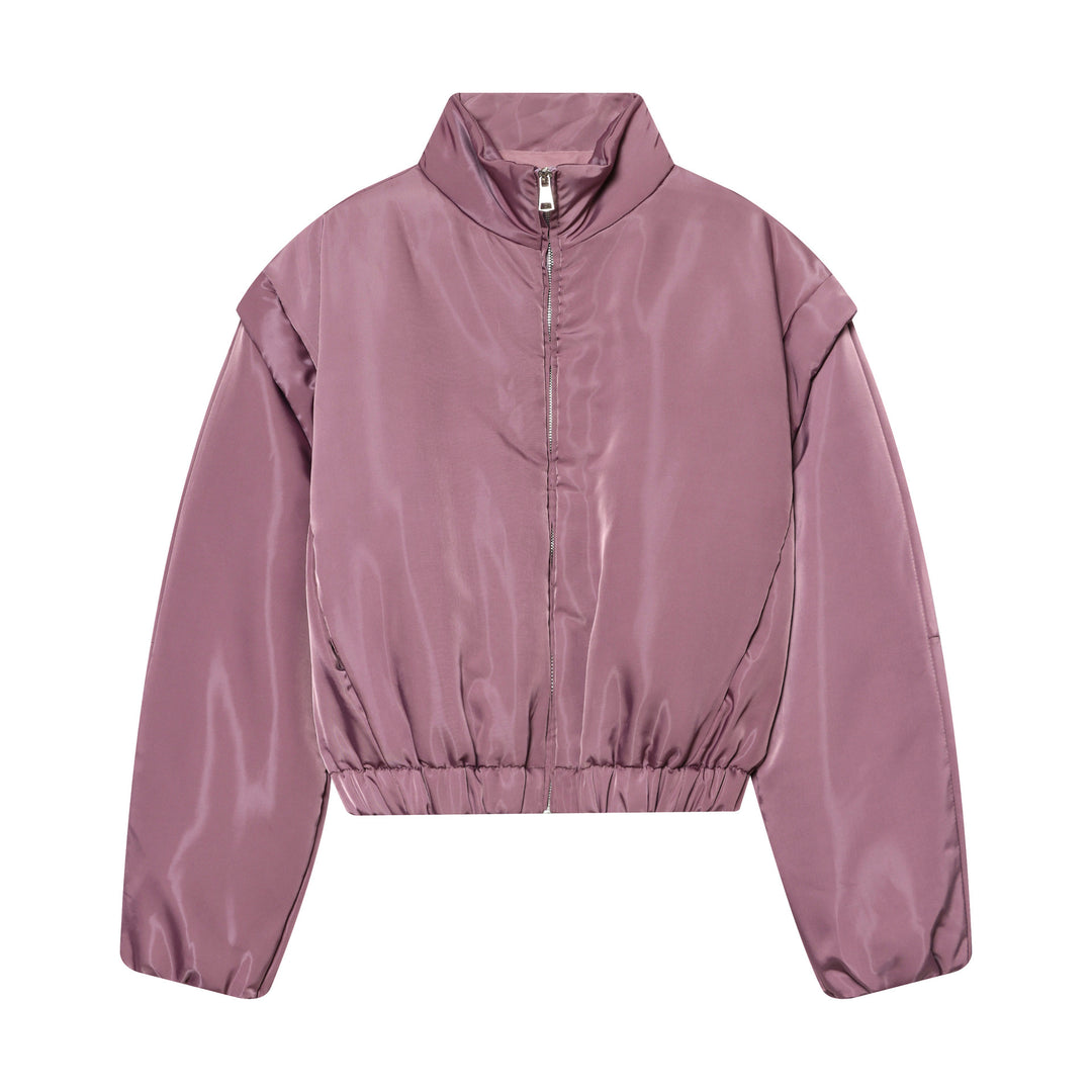 Women Cropped Padded Satin Jacket with High Stand Collar and Waist Smocking Mune Fashion