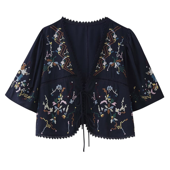 Women's Embroidered Boho Kimono Jacket with Ties and Crochet Trim Mune Fashion