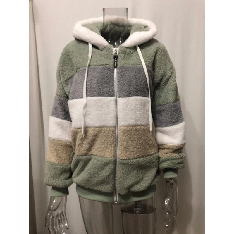 Women's Striped Oversized Teddy Jacket with Hood, Zipper and Ribbed Cuffs Mune Fashion