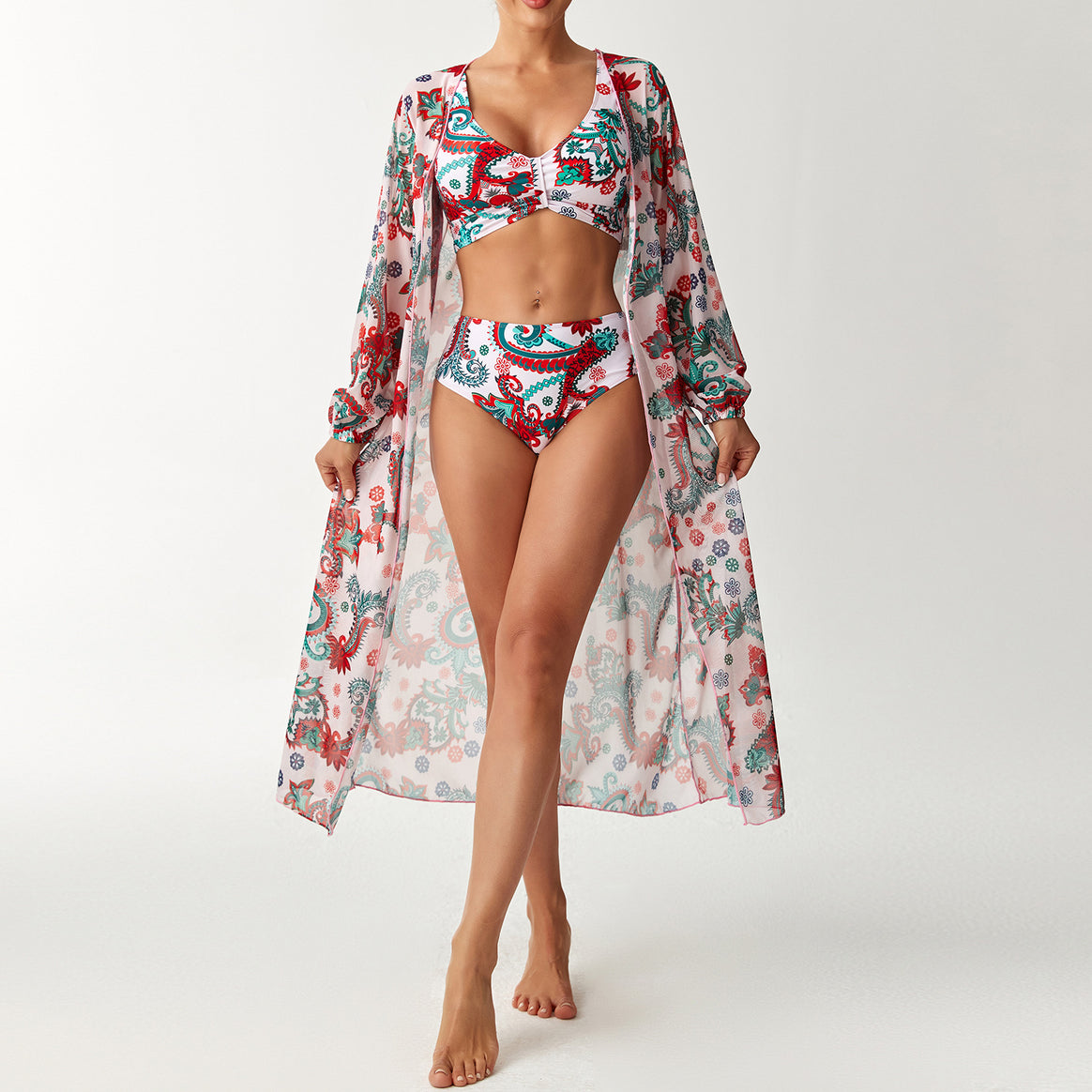 Women’s Bikini Set with Floral Design and Transparent Cover-Up Mune Fashion